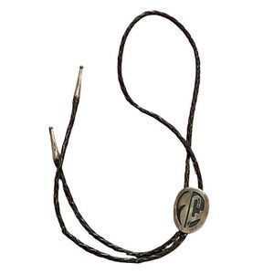 Native American Sterling Silver & Black Inlay Zuni Braided Leather Bolo Tie